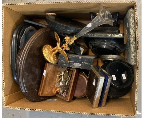 Box of assorted pedestals, various together with a single flute epergne, various watch keys etc.   (B.P. 21% + VAT) 