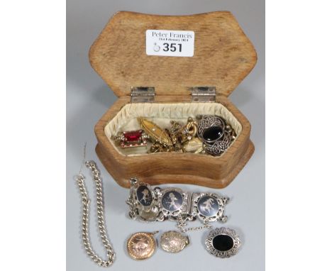 Trinket box comprising various jewellery including: Celtic design brooch and other brooches, gold locket and other lockets, r