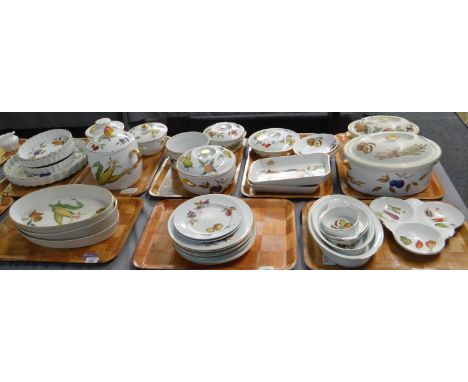 Eight trays of mostly Royal Worcester 'Evesham' design oven to tableware to include: flan dishes, lidded tureens, casseroles,