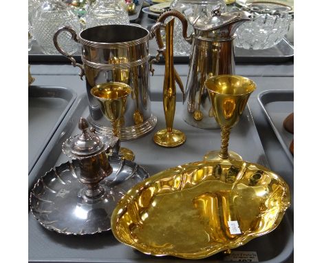 Tray of metalware to include: Martinoid plated two handled wine cooler, plated water jug, chamber stick, 24ct gold plated Ger