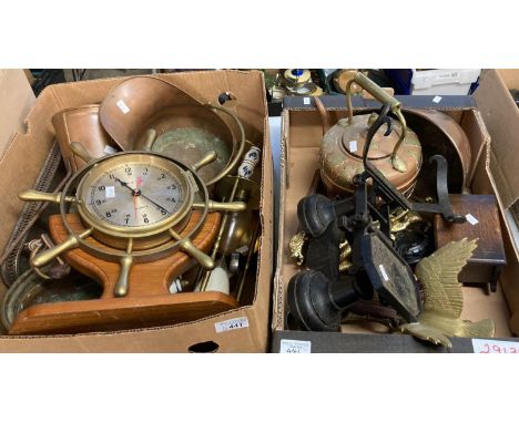 Two boxes of metalware to include: reproduction quartz  ship's time clock, copper coal scuttles and similar items, scales, br