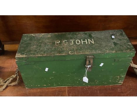 Early 20th Century wooden painted pine ammunition box with rope twist handles. The top marked 'R.G John'. (B.P. 21% + VAT) 