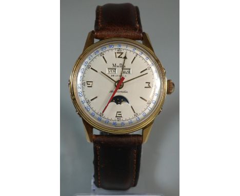 A MuDu automatic moon phase vintage gold plated gentleman's wristwatch with day date apertures and rolling moon, sweep second