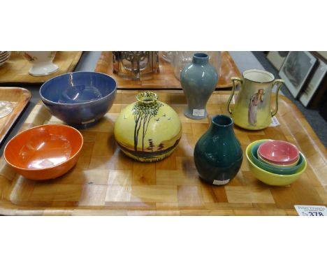 Tray of Royal Doulton items to include: graduated lustre bowls, Royal Doulton 'Titanian', two handled 'Ophelia' design and an