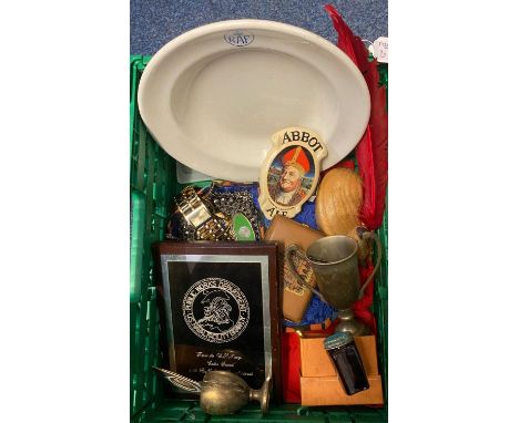 Box of assorted items to include: costume jewellery, dress watches, Public Works Dept. US Naval Facility Brawdy plaque presen