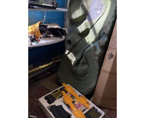 A vintage Scalextric set with cards, track and a bespoke made fibreglass track layout (ex shop display), shipping unavailable