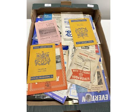 A box full of approximate 80 vintage floorball programmes from the 1950`s to 1970`s including Leeds Utd, Manchester united an
