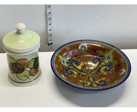 A vintage Dutch Gouda hand painted bowl D26cm and Isle of Man pottery lidded jar, shipping unavailable