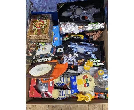 A large box full of assorted vintage toys etc