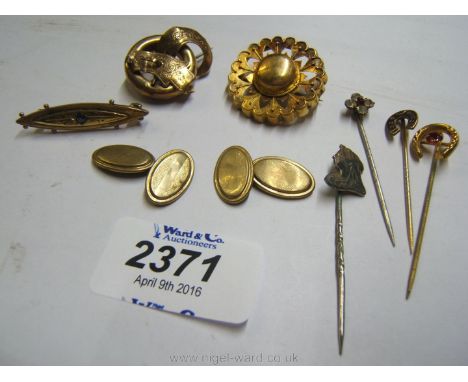 A pair of 9ct Gold cuff links, the unmarked gold Brooches and miscellaneous stick pins