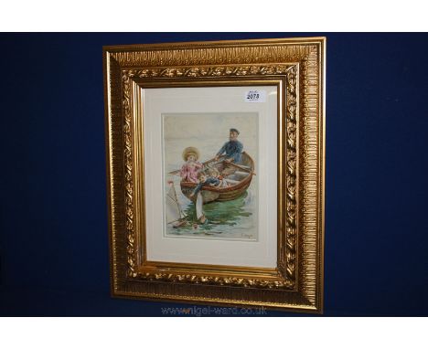 A fine quality Watercolour signed E. Lance depicting a sailor rowing a boat and children playing  toy yachts  