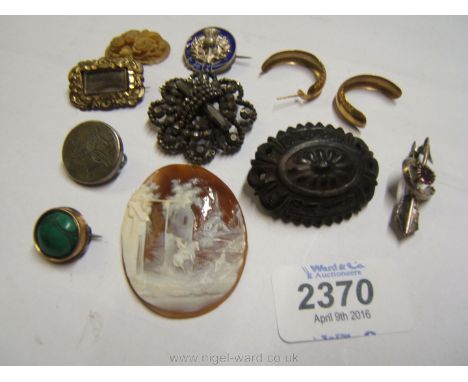 A cut steel Brooch, an unmounted Cameo (a/f), silver and enamel brooches, etc.