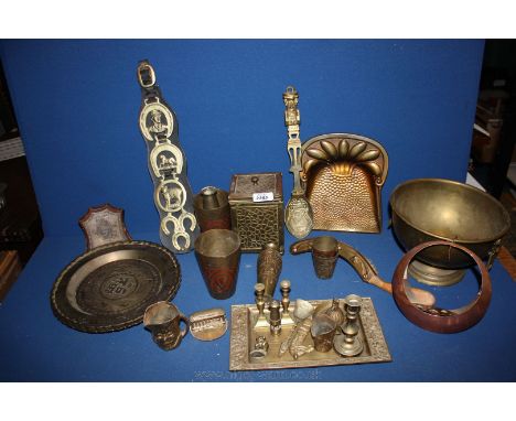 A quantity of Brass including heavy brass tea caddy, beakers, crumb tray and brush, brass trays, etc.