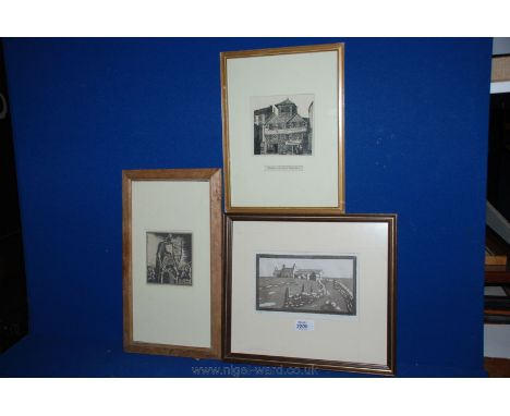 Three Prints including K. Williams 'Cottages', 8 1/4'' x 5'', Eric Fraser 'Armoured Figure', 4 1/4'' x 4 1/2'' and Charles Tu