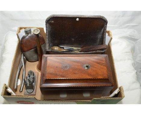 Mahogany inlaid box containing assorted playing cards, a half leather spirit flask, oak letter rack etc