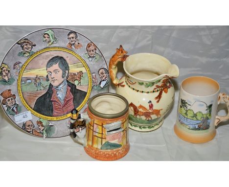 Royal Doulton 'Burns' plate, Crown Devon Fieldings John Peel jug, Lancaster Sandland Micawber tankard and one other 