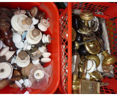 Three boxes of a large selection of Victorian and later wood, brass and ceramic knobs, door handles etc 