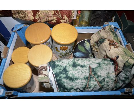 5 Portmeirion canisters, hunting theme curtains and spare fabric etc.