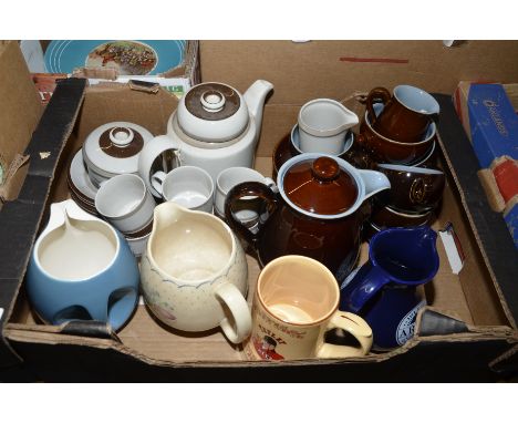 Denby cups and saucers, Wade jug, Susie Cooper jug, tankards etc.