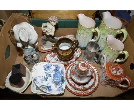 Set of 3 Edwardian graduating jugs, oriental tea service, copper lustre jug, Mason's Belevedere dish and bowl etc.