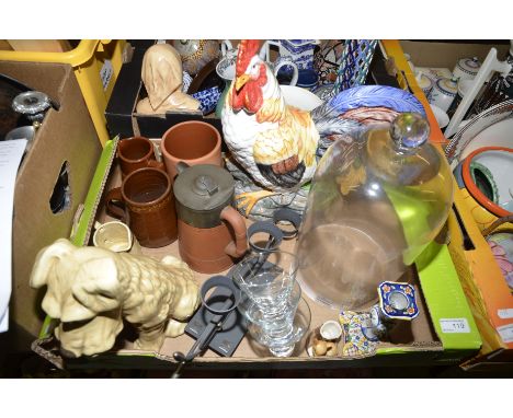 Large ceramic chicken, terracotta jugs, large Sylvac dog, cucumber forcer etc,