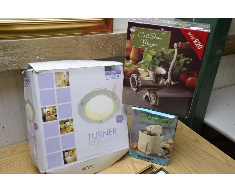 Cast iron mincer, Geleto 1500 ice cream maker and a flush ceiling light (all boxed) 