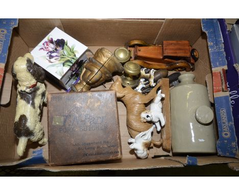 Stoneware hot water bottle, spaniel lighter, tools etc.