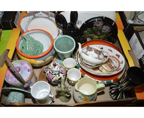 Box of decorative ceramics including Crown Ducal orange tree plates and teapot, Clarice Cliff style planter etc.