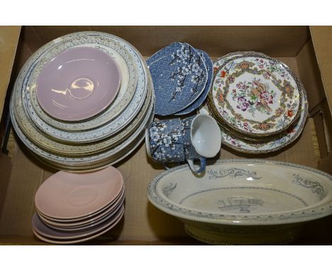 Blue and white bread bowl, 'Grecian' plates, Maling bowl, childs teaset, 2 Goebel bird plates etc.