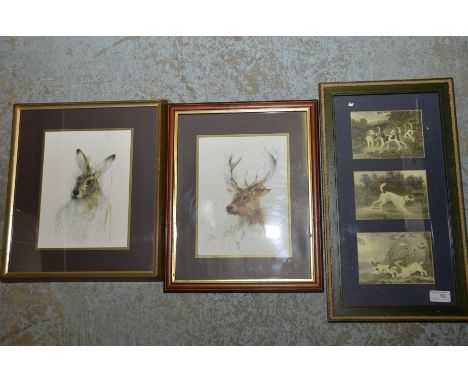 Two framed prints depicting a hare & a deer and a framed set of three hunting dog prints