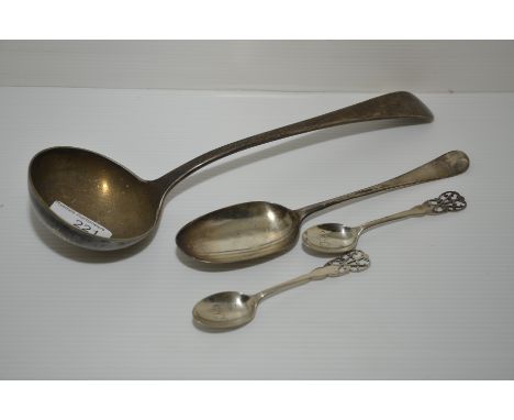 Silver plated ladle, Georgian silver tablespoon and 2 silver teaspoons