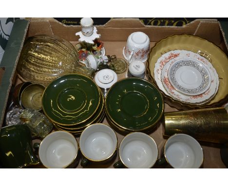 Crown Staffordshire candlestick with applied flowers, glass pen pot, Pilco cups and saucers etc