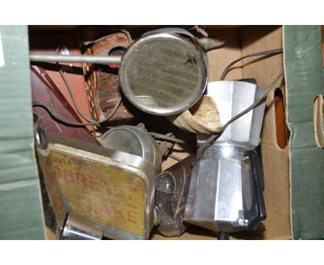 Small box of collectables including spirit flask, lanterns, sheep horn etc.