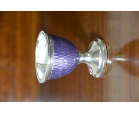 Silver hall marked egg cup with purple guilloche enamel 