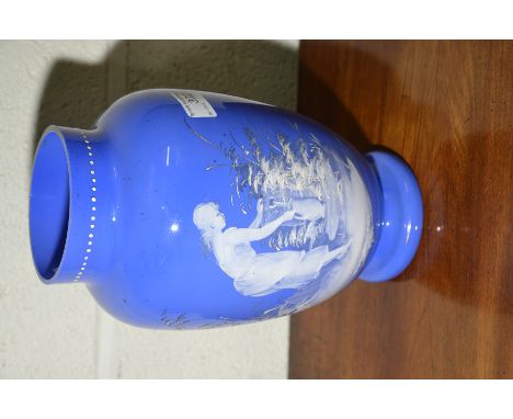 Large opaque blue glass with hand painted enamel decoration 