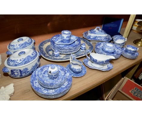 Large selection of blue and white tableware including lidded tureens, dishes, meat plates, cups and saucers etc (Spode blue I