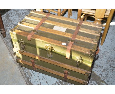 Canvas and wooden slated flat top travelling trunk 