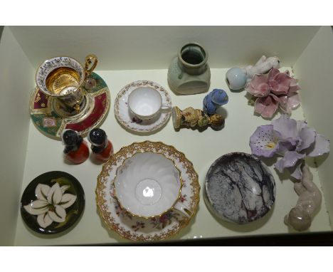 Small modern Moorcroft pin dish with impressed marks to base, miniature chocolate cup and saucer, Nao baby, Wade Mr Plod, cer