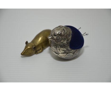 Brass vesta in the form of a mouse and white metal wren pin cushion