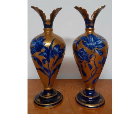 A pair of vintage floral ware flow blue gold glaze vases, with Thomas Forester &amp; Sons of Longton mark on the vase, minor 