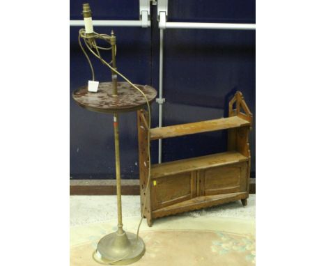 A modern reading lamp in the Edwardian manner, together with an oak wall-hanging bookshelf cupboard