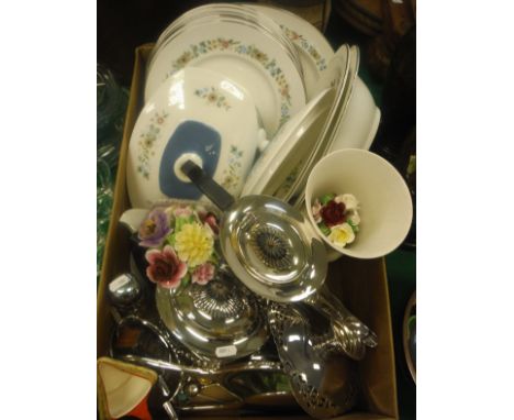 A Royal Doulton pastoral dinner service, together with a plated four piece tea set, further assorted plated wares, a Wedgwood