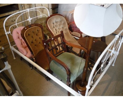 An assortment of furniture to include a Victorian salon chair with pale geen button back upholstery, assorted further chairs 