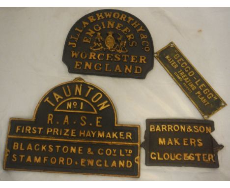 Four cast iron signs to include "J.L. Larkworthy & Co Engineers Worcester England", "Barron & Con Makers Gloucester", "Becco-