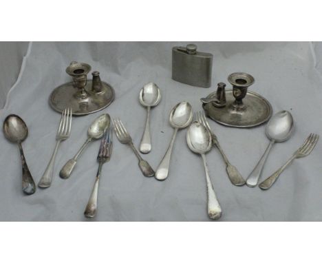 A box of assorted plated cutlery, together with a steel hip flask and a pair of Elkington plate chamber sticks with snuffers