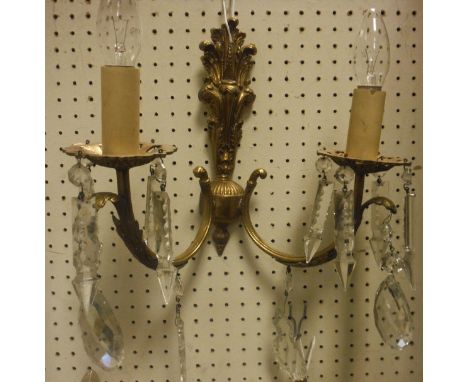 Six twin branch brass wall sconces with glass drops in the Rococo taste, together with assorted miscellaneous items to includ