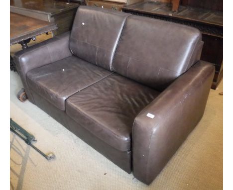 A John Lewis brown leather two seat sofa bed 