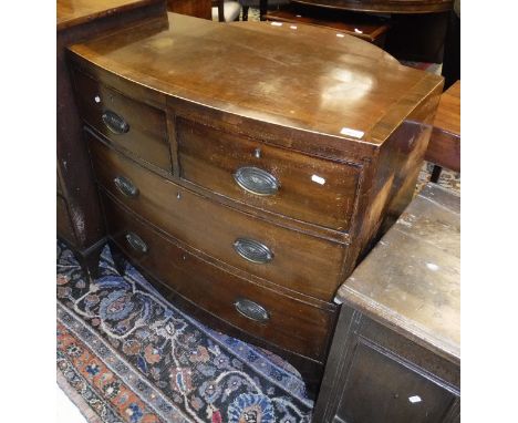 A 19th Century mahogany and inlaid bow front chest, the plain top above two short and two long drawers to bracket feet