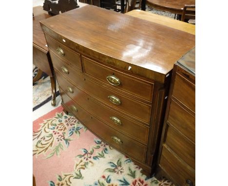 A 19th Century mahogany bow front chest, the plain top above two short and three long graduated drawers to bracket feet