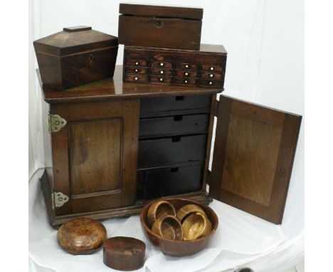 Assorted treen wares to include a cedar lidded dish, mahogany two section tea caddy, a pine miniature chest, a mahogany table